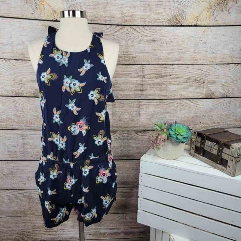 LOFT Short Romper Womens Size XS Navy Blue Floral Ruffle Sleeveless Scoop Neck